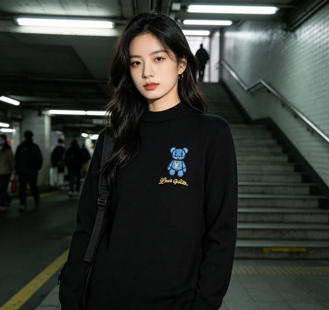 Louis Vuitton/Louis Vuitton 26ss towel patch bear crew neck sweater